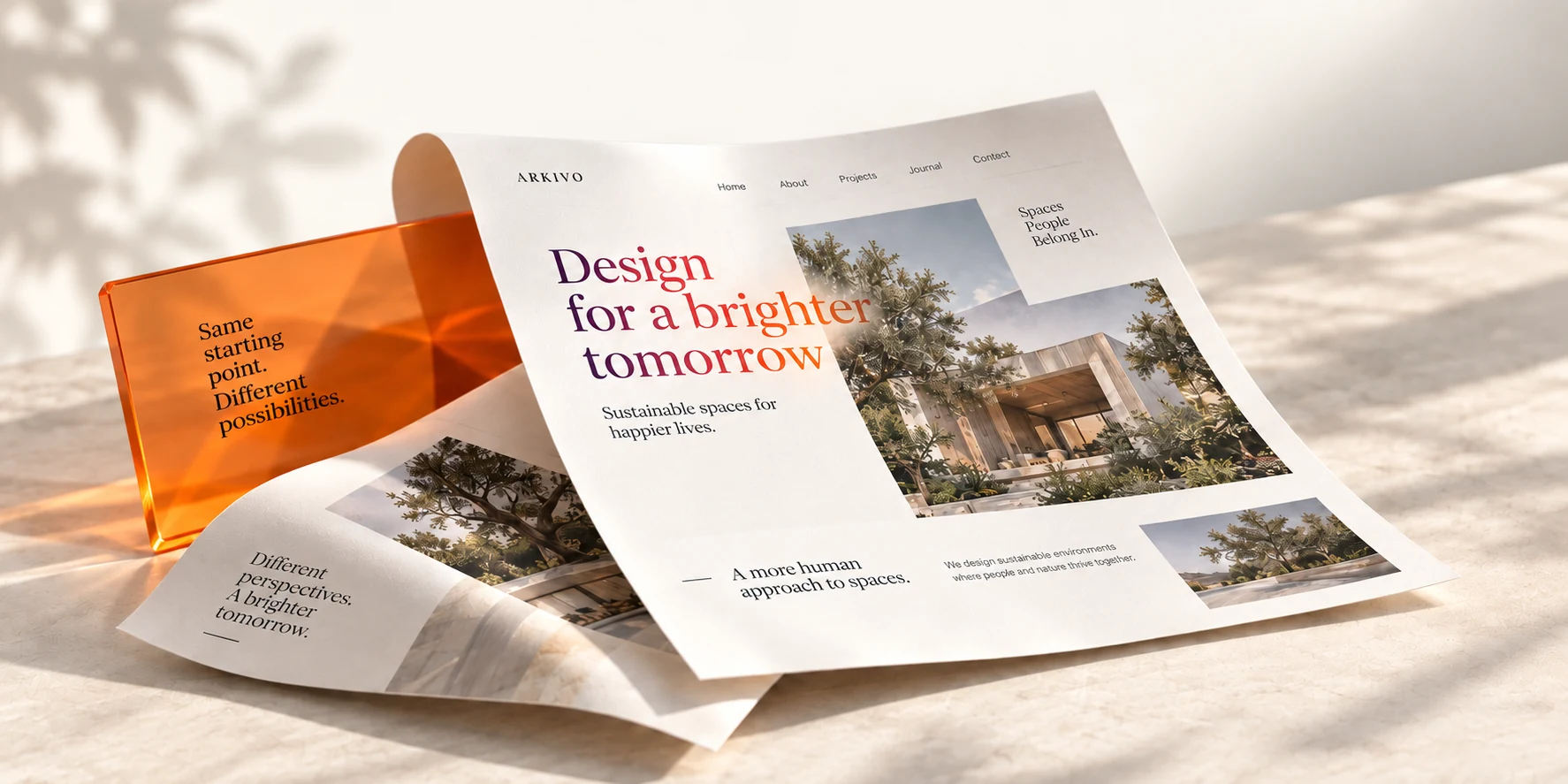 Illustration of a website on curved paper beside an orange glass panel.